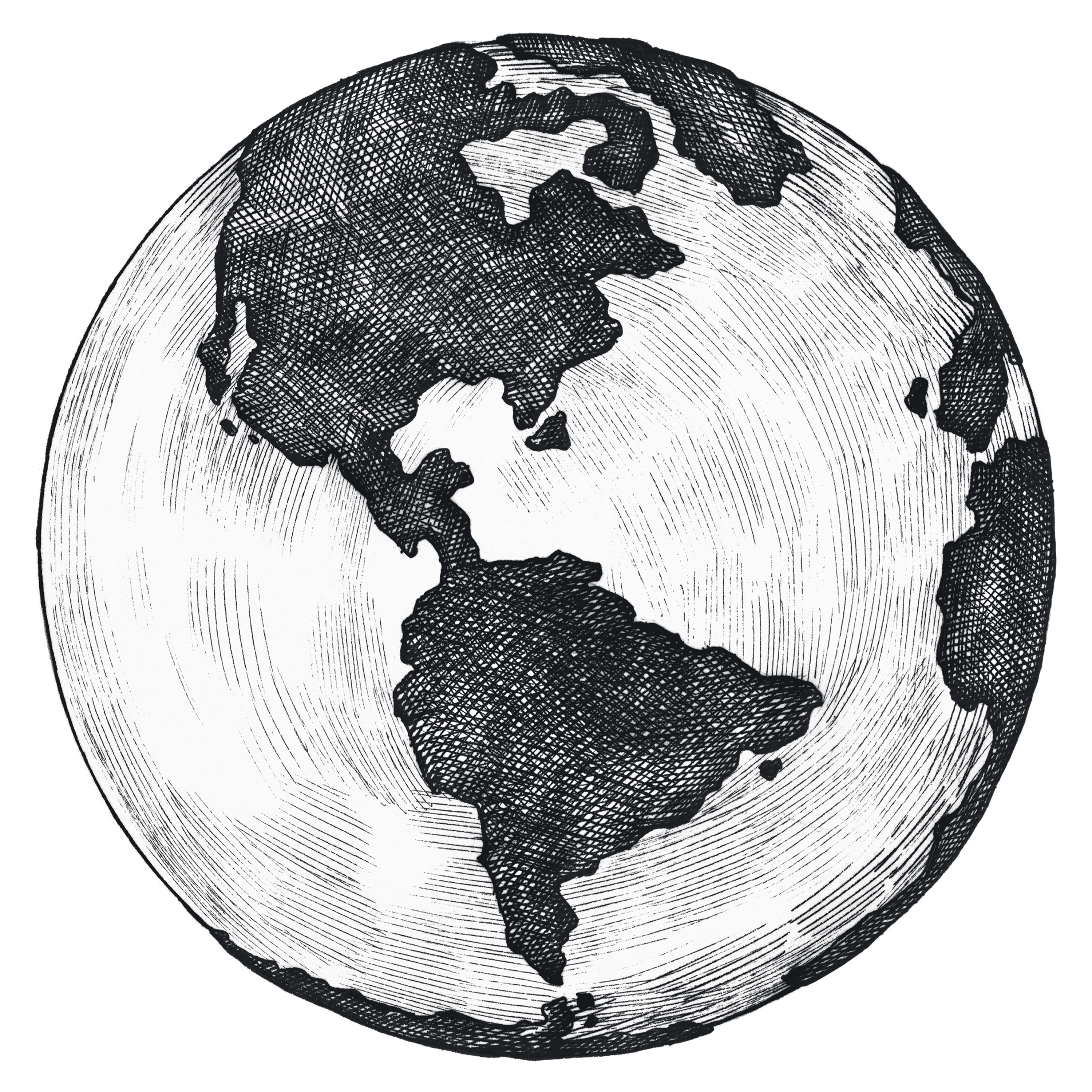 A black and white doodled globe